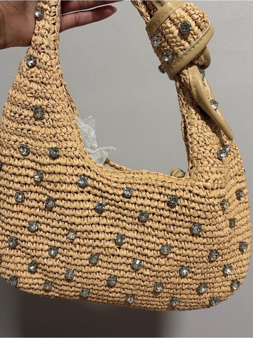 Beaded Straw Hobo Bag in Beige